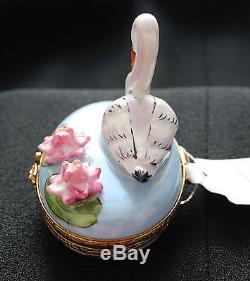 New Limoge Box Swan with Pink Flowers Peint Main