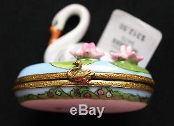 New Limoge Box Swan with Pink Flowers Peint Main