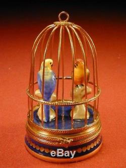 Old Fait Main Limoges France Two Parrot Love Bird on Roost In Cage Porcelain Box