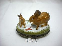 Peint Main Rochard Mother Baby Pair Of Rabbits Hinged Trinket Box Limoges France