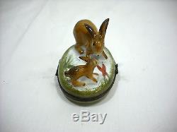 Peint Main Rochard Mother Baby Pair Of Rabbits Hinged Trinket Box Limoges France