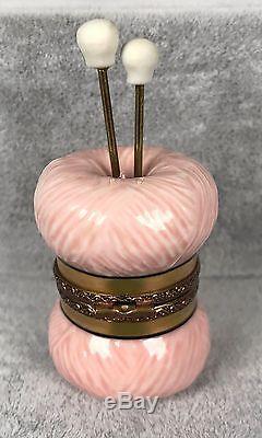 Parry Vieille Limoges Trinket Box Pink Yarn Skein with Gold Knitting Needles 416