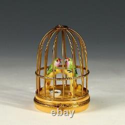 Peint Main LIMOGES FRANCE ARTORIA PARROTS in CAGE 3 3/4 Trinket BOX Exc Cond