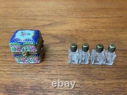 Peint Main LIMOGES FRANCE Blue &Pink Trinket Box With 4 Perfume Bottles Numbered