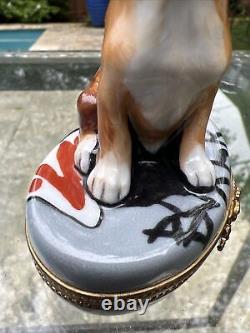 Peint Main Limoges France Boxer Dog Porcelain Hand Painted Trinket Box, Signed