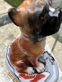 Peint Main Limoges France Boxer Dog Porcelain Hand Painted Trinket Box, Signed