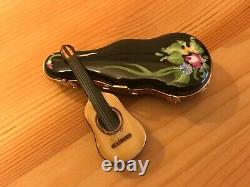 Peint Main Limoges France Guitar in Black Floral Painted Case trinket box