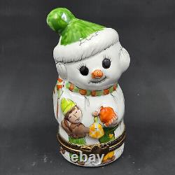 Peint Main Limoges France Hand Painted Porcelain Children & Snowman Trinket Box