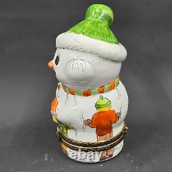 Peint Main Limoges France Hand Painted Porcelain Children & Snowman Trinket Box