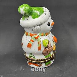 Peint Main Limoges France Hand Painted Porcelain Children & Snowman Trinket Box