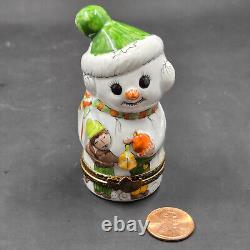 Peint Main Limoges France Hand Painted Porcelain Children & Snowman Trinket Box