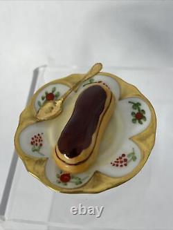 Peint Main Limoges France Patissorie Pastry On Plate Spoon Trinket Box Hinge