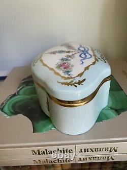 Peint Main Limoges France Ribbon Bow Pink Blue Gold Floral Porcelain Trinket Box