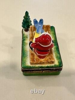 Peint Main Limoges France Trinket Box Santa On Sleigh With Skis And Tree