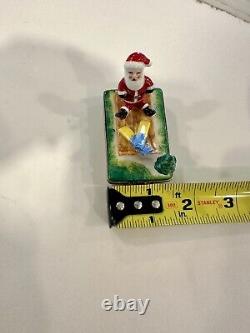 Peint Main Limoges France Trinket Box Santa On Sleigh With Skis And Tree