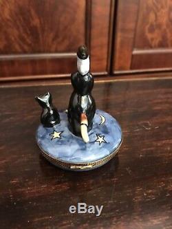 Peint Main Limoges France Witch On Broom Cat Halloween Box