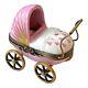 Peint Main Limoges Pink Baby Pram Stroller With Baby Figurine Trinket Box