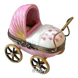 Peint Main Limoges Pink Baby Pram Stroller with Baby Figurine Trinket Box