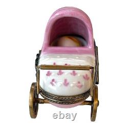 Peint Main Limoges Pink Baby Pram Stroller with Baby Figurine Trinket Box