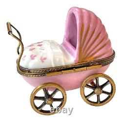 Peint Main Limoges Pink Baby Pram Stroller with Baby Figurine Trinket Box