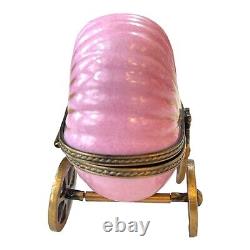 Peint Main Limoges Pink Baby Pram Stroller with Baby Figurine Trinket Box