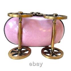 Peint Main Limoges Pink Baby Pram Stroller with Baby Figurine Trinket Box