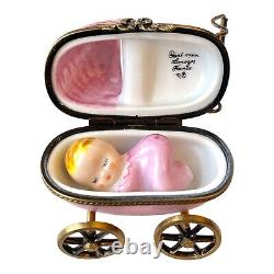 Peint Main Limoges Pink Baby Pram Stroller with Baby Figurine Trinket Box