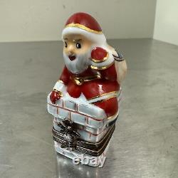 Peint Main Limoges Porcelain SANTA CLAUS IN CHIMNEY Trinket Box Christmas