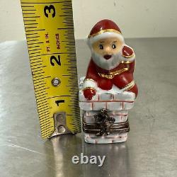 Peint Main Limoges Porcelain SANTA CLAUS IN CHIMNEY Trinket Box Christmas