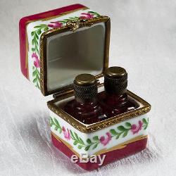 Peint Main Limoges Trinket Box 2 Ruby Red Perfume Bottle Rose Embelishment