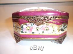 Peint Main Limoges Trinket Box-Large Chest In Luneville Rose Design