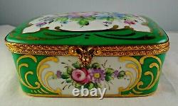 Peint Main Limoges Vintage HP Floral Gold & Green Rectangular Hinged Trinket Box