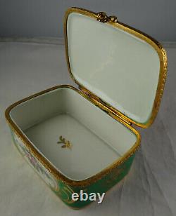 Peint Main Limoges Vintage HP Floral Gold & Green Rectangular Hinged Trinket Box