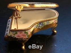 Peint Maine Limoges France Gold And Flowers Grand Piano Miniature Hinged Box