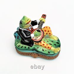 Perry Vieille Limoges Frog Playing Banjo on Lily Pad Trinket Box
