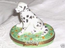 Pierre Arquie Hand Painted Dalmatian Dog Sitting on Daisies Limoges Trinket Box