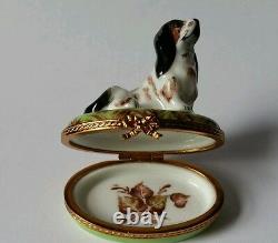 Pierre Arquie Limoges Hand Painted Basset Hound Dog Lying on Oval Trinket Box