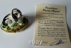 Pierre Arquie Limoges Hand Painted Basset Hound Dog Lying on Oval Trinket Box