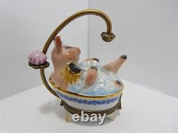 Pig In Bath Tub Trinket Box Peint Main Limoges France 3 1/8 Tall