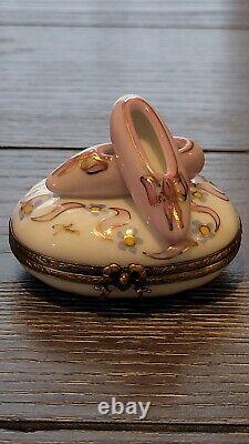 Pink Ballerina Slippers Floral And Bows Gold Gilted Collectible Limoges Box