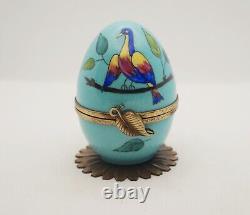 Plays Music French Limoges Trinket Box Tropical Bird Egg with Tropical Bird Key