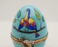 Plays Music French Limoges Trinket Box Tropical Bird Egg with Tropical Bird Key