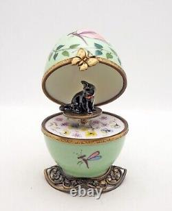 Plays Music New French Limoges Trinket Box Butterfly Egg with Black Cat Key