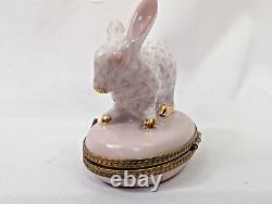 RARE Herend Style Peint Main Limoges France Pink & Gold Bunny/Rabbit Trinket Box