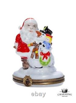RARE Limoges France Peint Main LYNN HANEY Santa with Snowman Christmas Trinket Box
