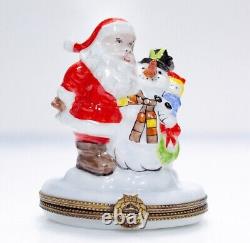 RARE Limoges France Peint Main LYNN HANEY Santa with Snowman Christmas Trinket Box