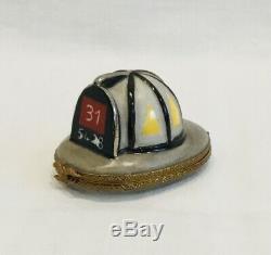 RARE! Lot-2 Limoges French Figural Trinket Box 9/11 Fireman & Helmet Tribute EUC