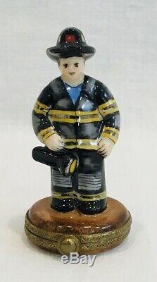 RARE! Lot-2 Limoges French Figural Trinket Box 9/11 Fireman & Helmet Tribute EUC