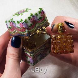Rare Amber Perfume Bottle Trinket Box Limoges France Peint Main Roses