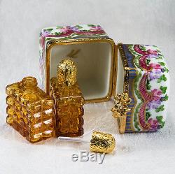 Rare Amber Perfume Bottle Trinket Box Limoges France Peint Main Roses